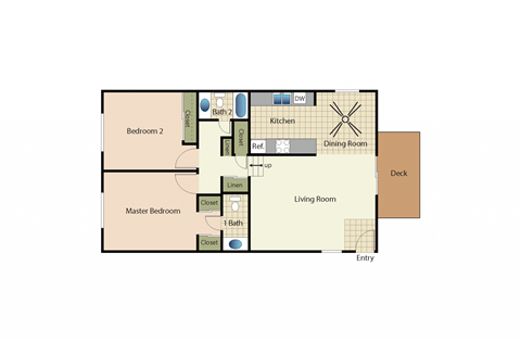 Two bedrooms one and a half bath apartment floorplan
